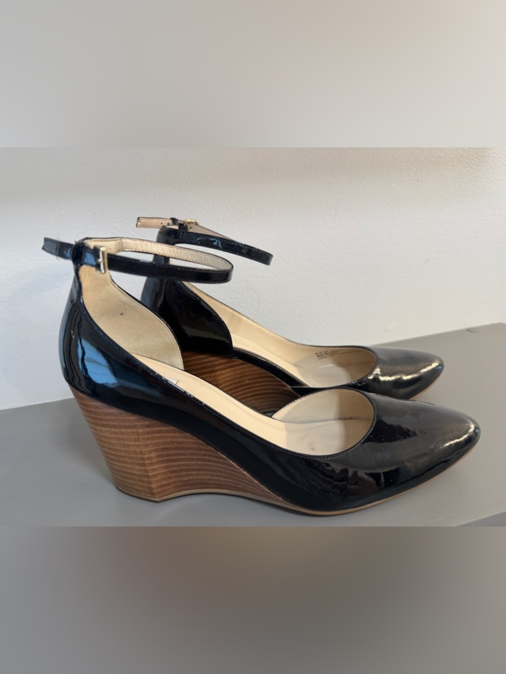 Cole Haan Black Patent Ankle-Strap Wedge Sandals